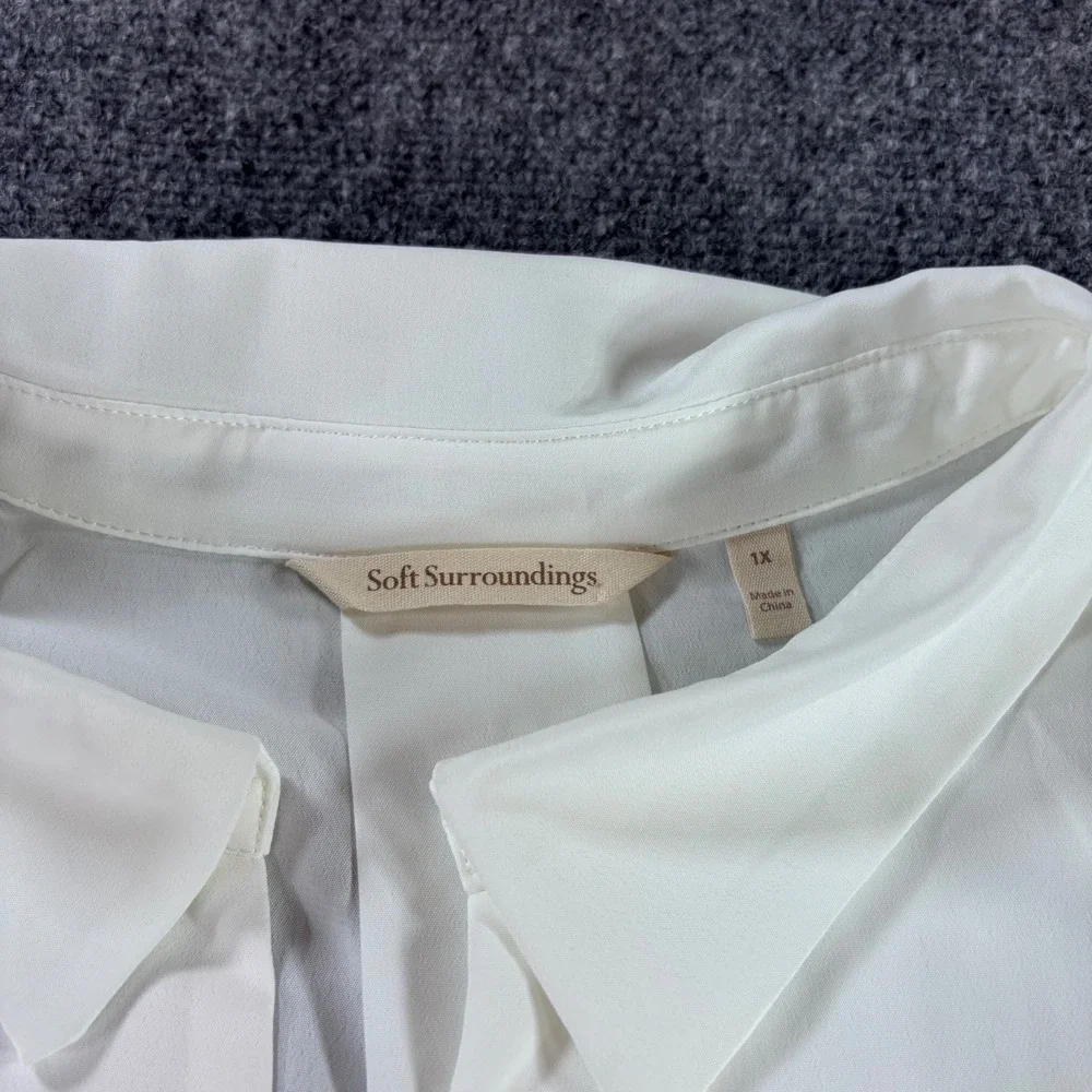 Soft Surroundings Blouse Womens 1X White Embroidered Sheer Sleeve‎ Button Up
